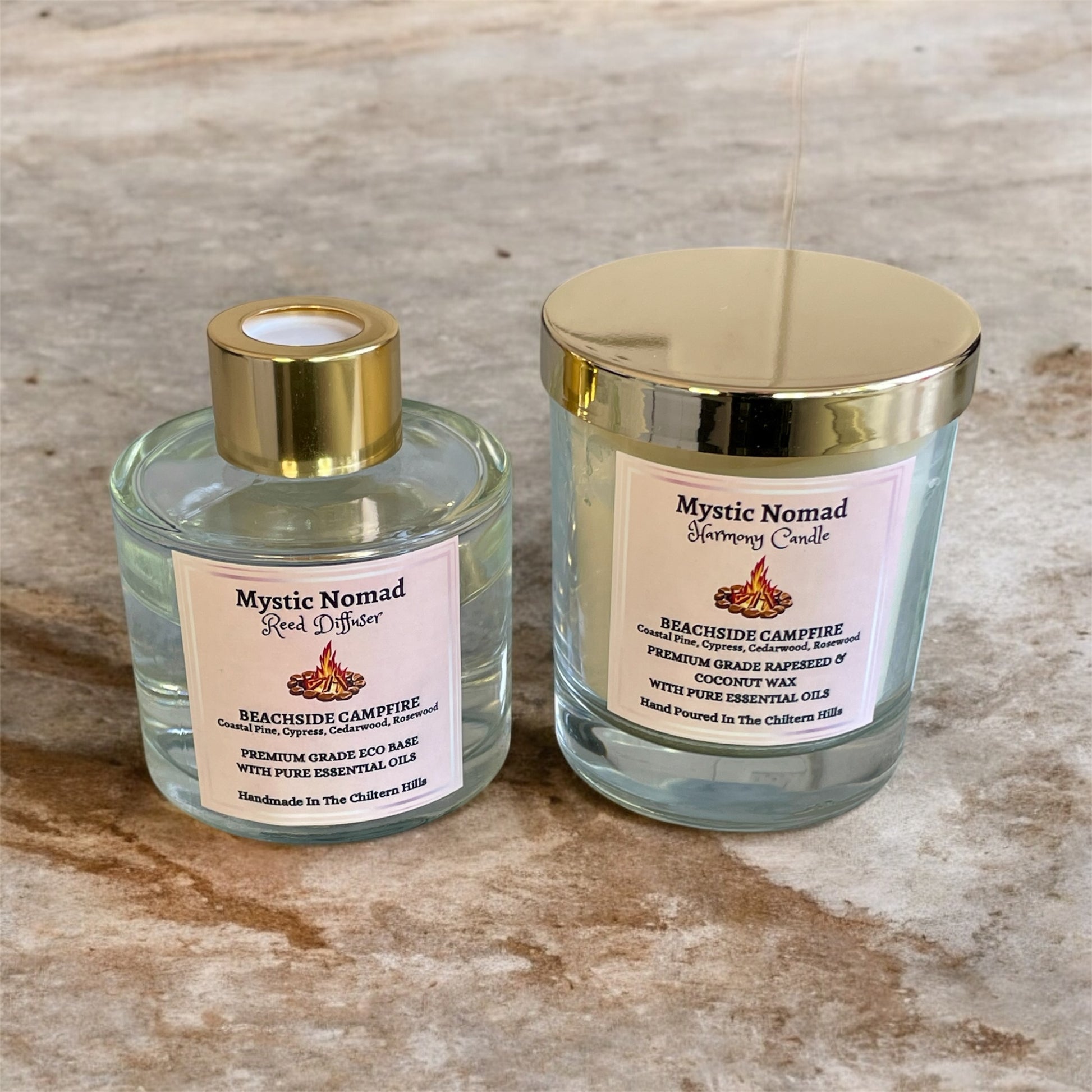 Beachside Campfire luxury aromatherapy candle and matching reed diffuser set by Mystic Nomad, eco-luxe home fragrance.