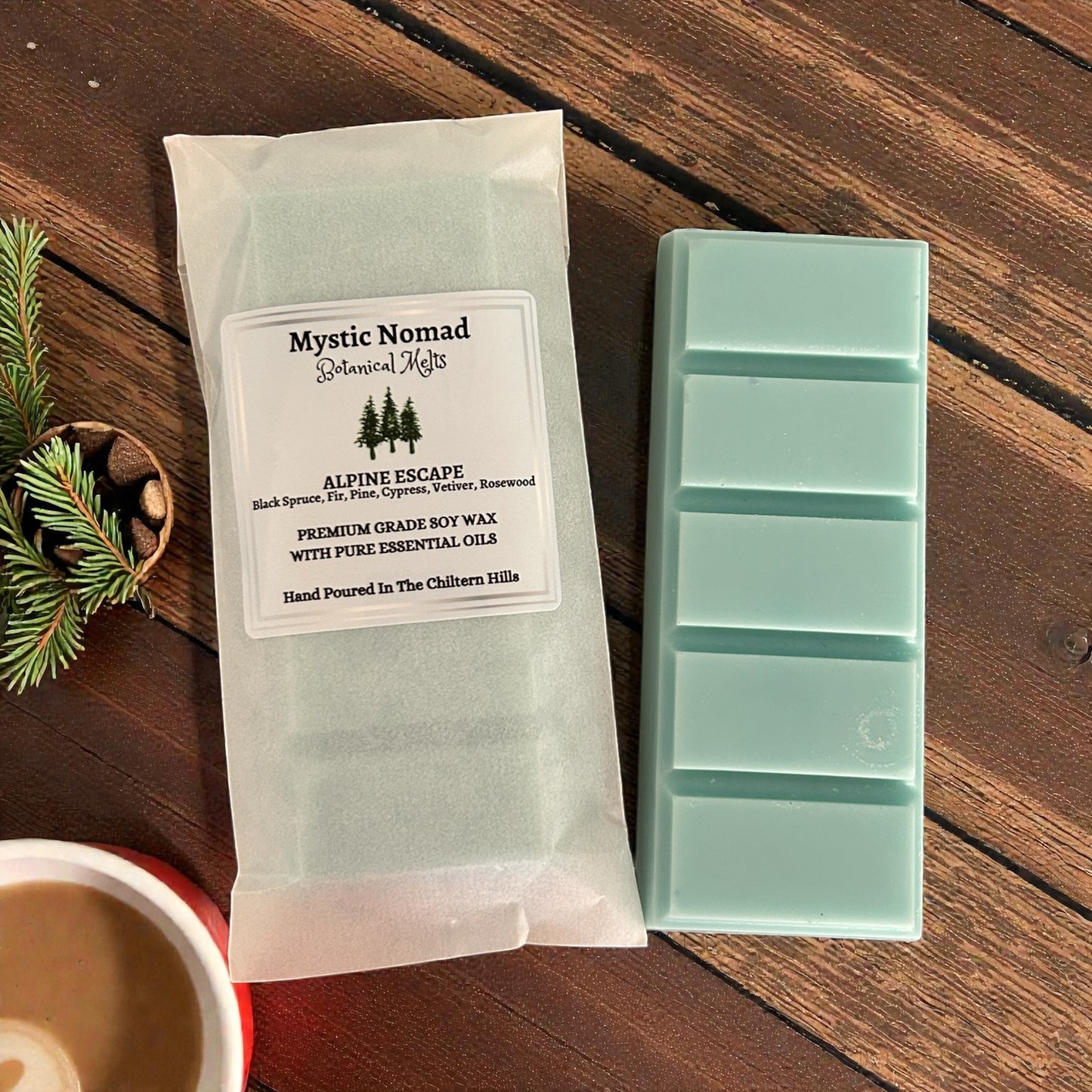 Compostable glassine bag packaging for Mystic Nomad Alpine Escape wax melt bar