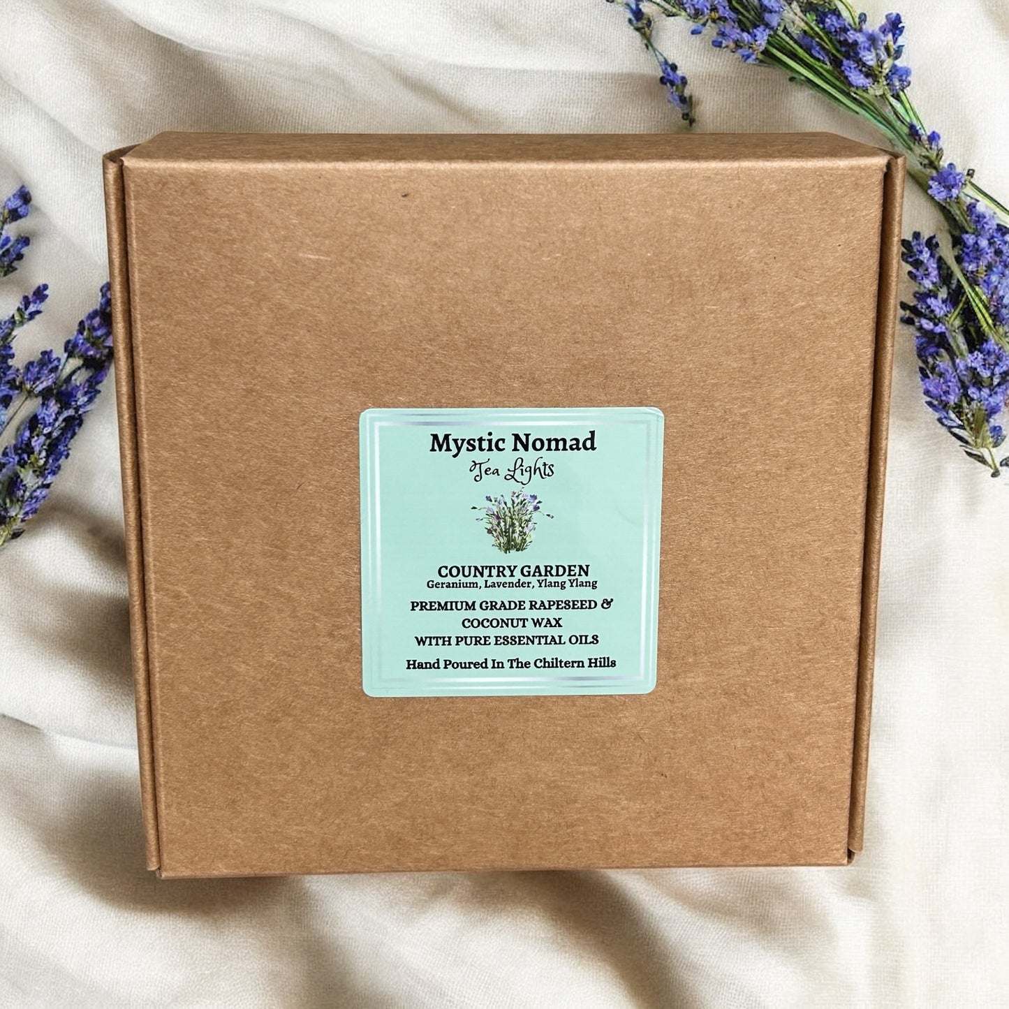 Country Garden aromatherapy tea light set in eco-friendly box, hand-poured with essential oils