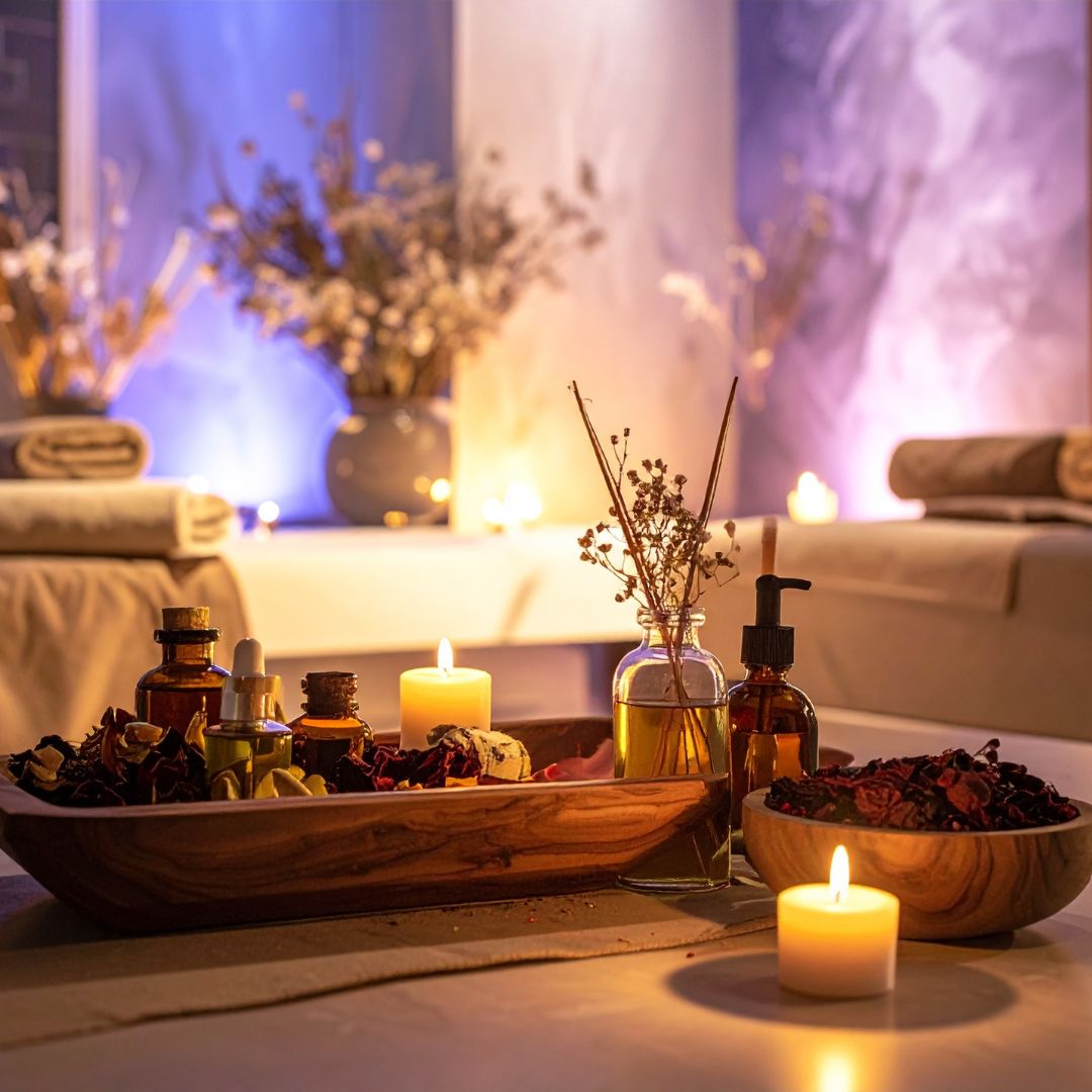 Botanical Melt Jars by Mystic Nomad Aromatherapy — soy wax melt beads in a reusable glass jar with bamboo lid and spoon, infused with pure essential oils for natural home fragrance.