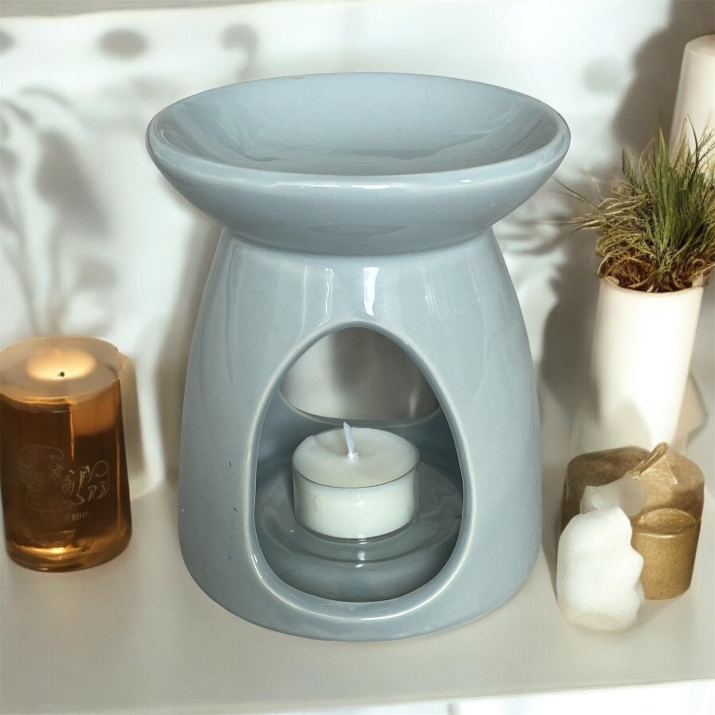 Grey ceramic wax melt burner with tea light for essential oils wax melts