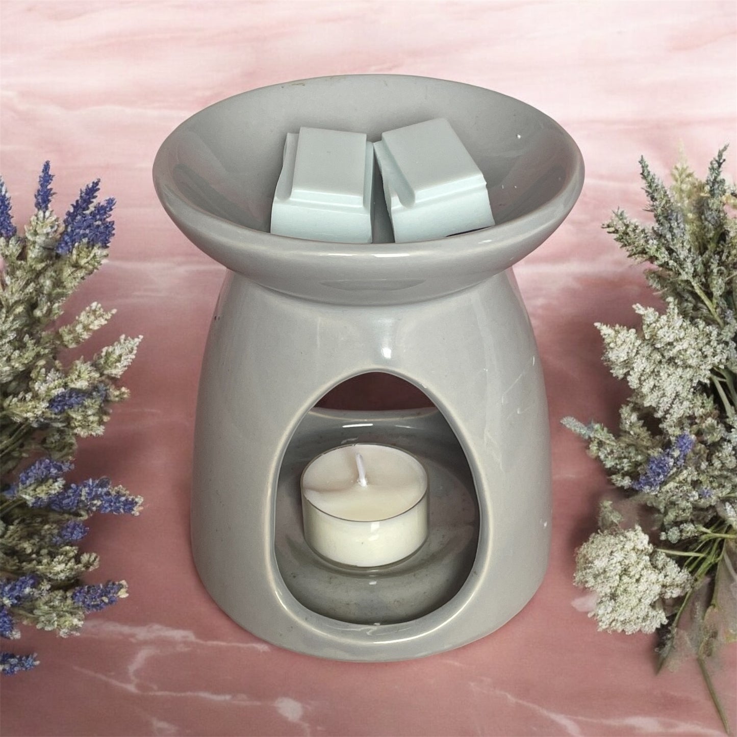 Mystic Nomad grey ceramic wax melt burner with tea light and essential oils wax melt cubes