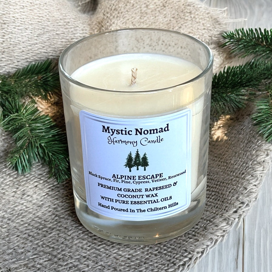 Alpine Escape aromatherapy candle elevated view highlighting jar and gold lid