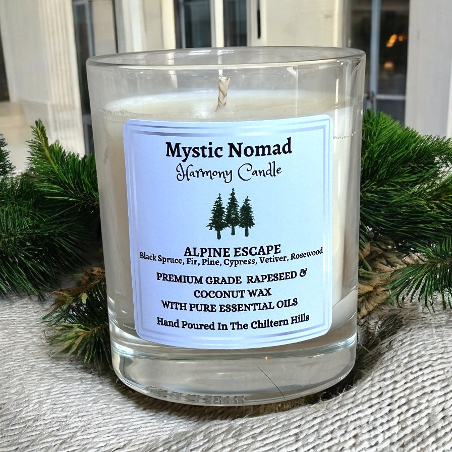 Alpine Escape aromatherapy candle with lid removed showing natural wax