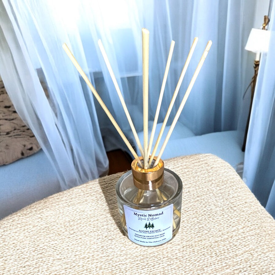 Elevated view of Alpine Escape aromatherapy reed diffuser with natural plant base and luxury minimalist design, highlighting forest-inspired essential oils