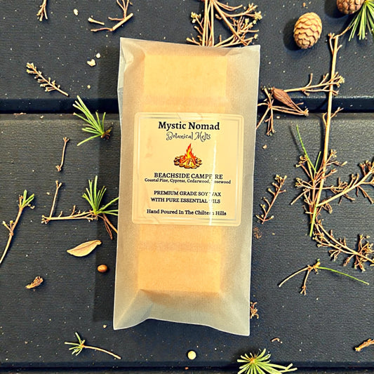 Beachside Campfire wax melt snap bar inspired by smoky driftwood and cosy coastal evenings, hand-poured soy wax with essential oils