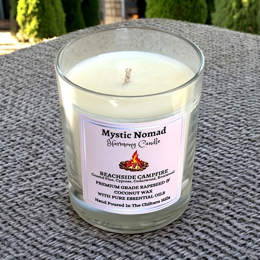 Beachside Campfire aromatherapy candle without lid, showing smooth coconut & rapeseed wax and cotton wick.