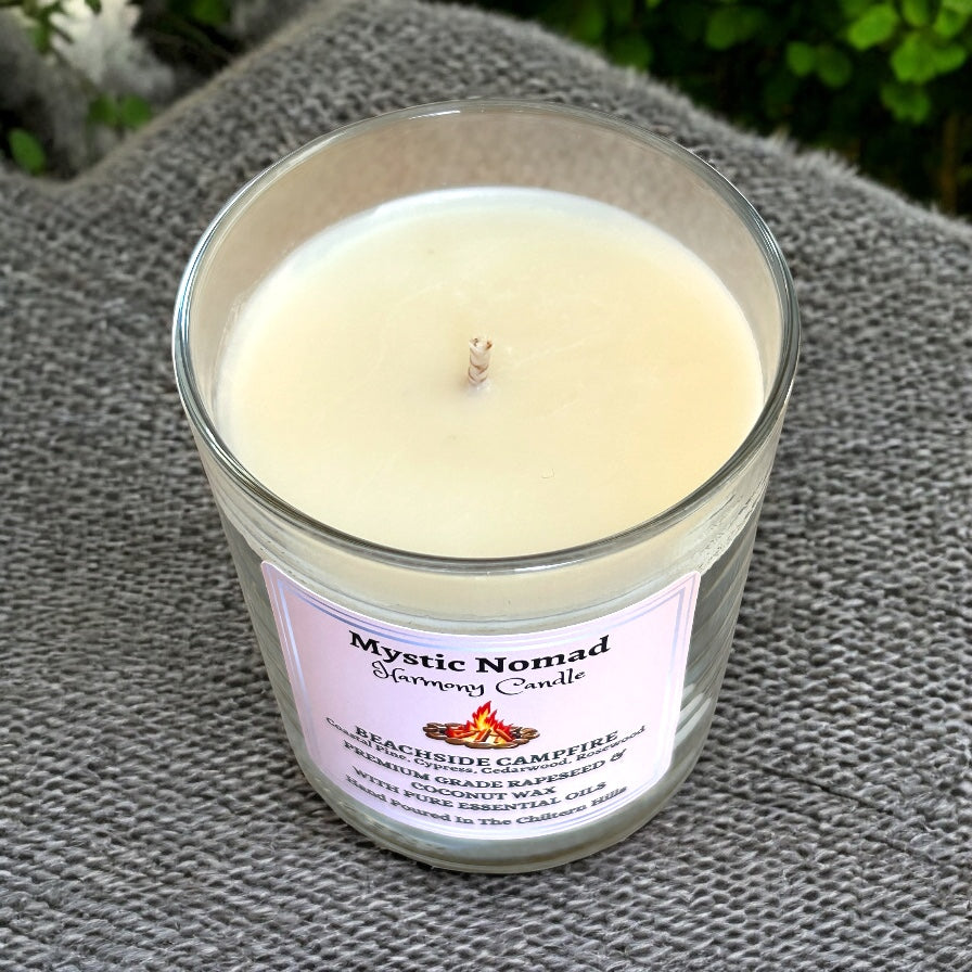 Top view of Beachside Campfire aromatherapy candle, showing unlit cotton wick and natural coconut & rapeseed wax.