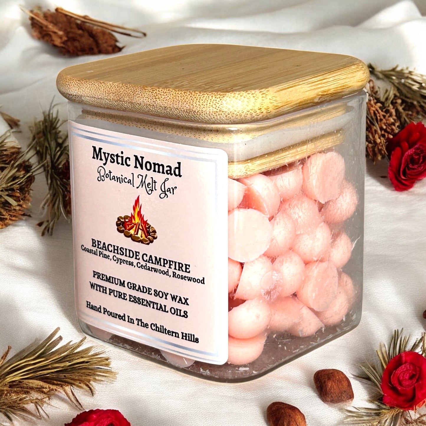 Hand-poured botanical wax melts in elegant reusable jar, side angle