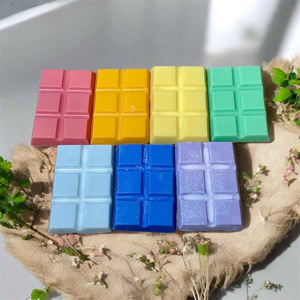 seven coloured wax melts made with essential oils one for each chakra