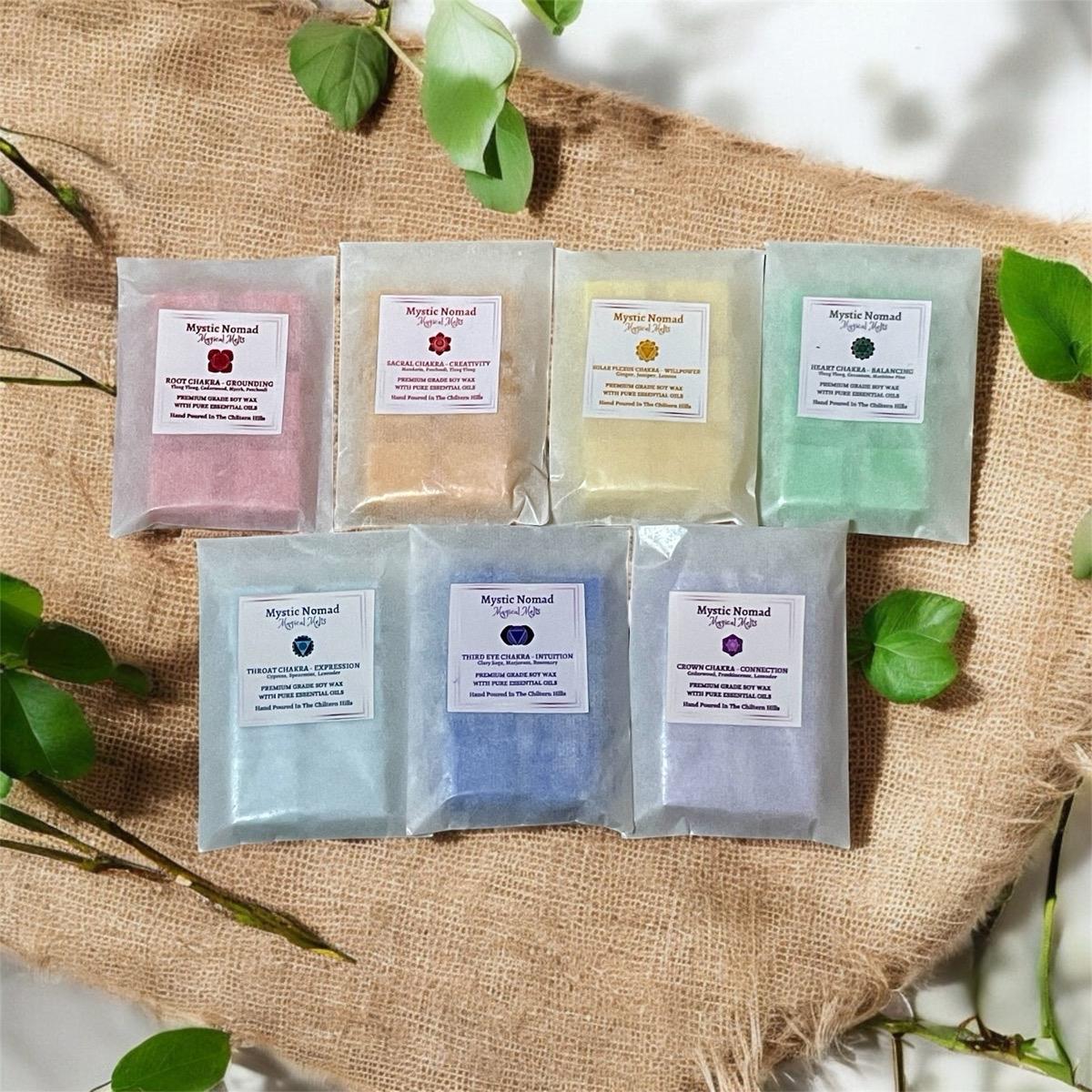 set of essential oils wax melts to represent seven chakras