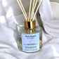 Close-up of Clean Energy reed diffuser showing natural reeds and luxury glass jar, hand-poured with eco-friendly essential oils for home mindfulness and relaxation