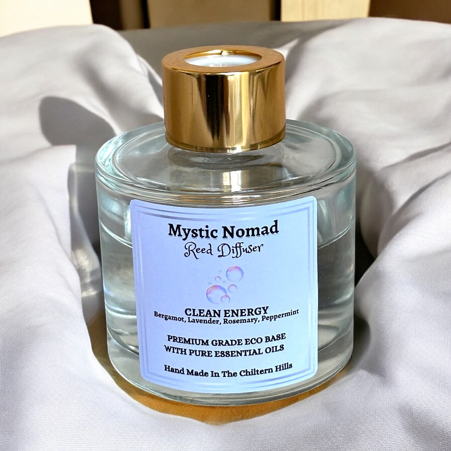 Elevated view of Clean Energy aromatherapy reed diffuser, showcasing luxury design, natural essential oils, and eco-conscious craftsmanship