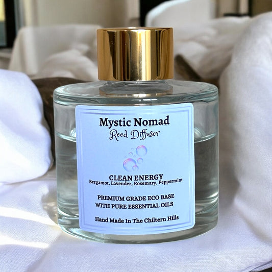 Clean Energy Aromatherapy Reed Diffuser in luxury glass jar with natural reeds, hand-poured for eco-friendly relaxation and home mindfulness