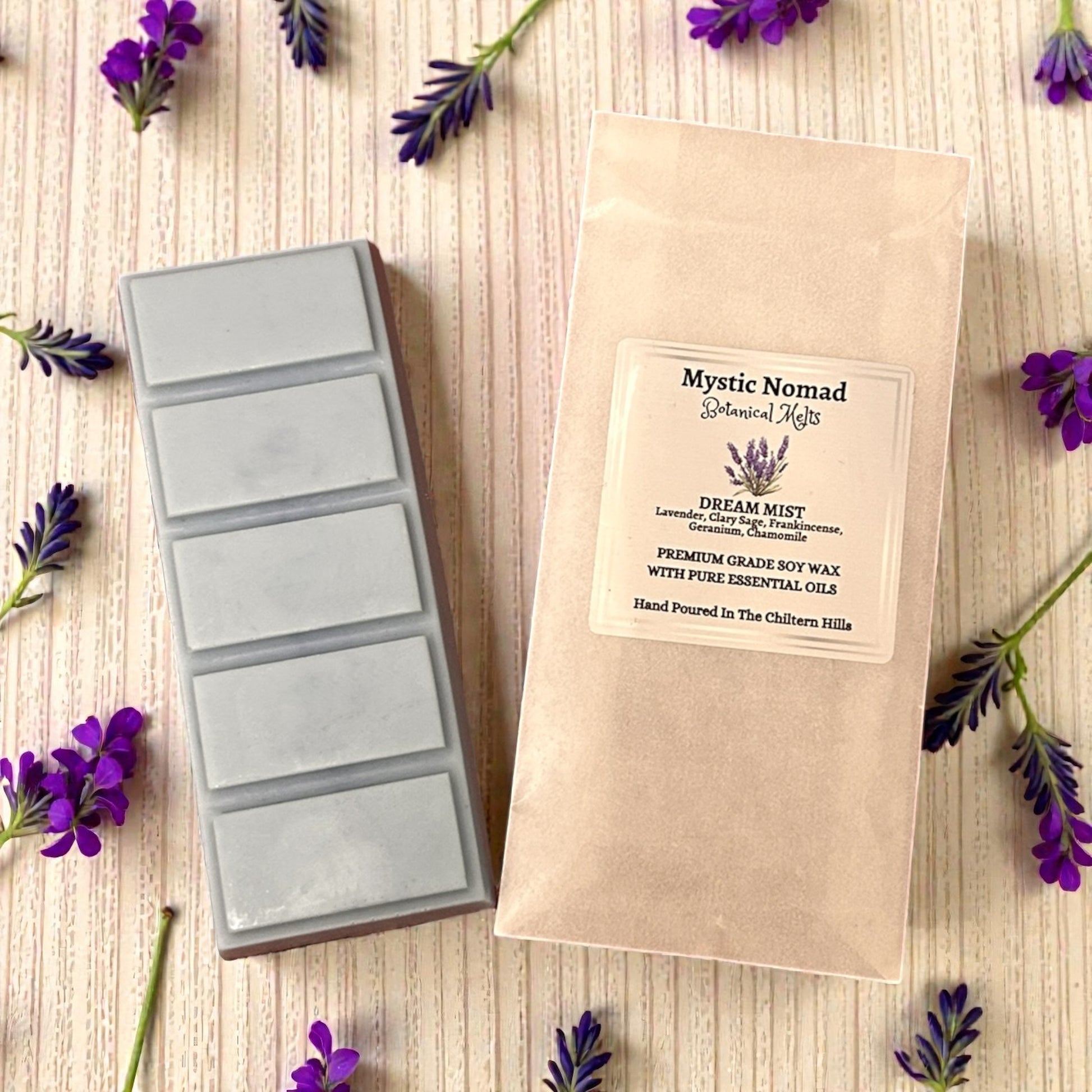 Dream Mist aromatherapy wax melt snap bar displayed alongside its eco-friendly packaging, crafted for stress relief and restful sleep.
