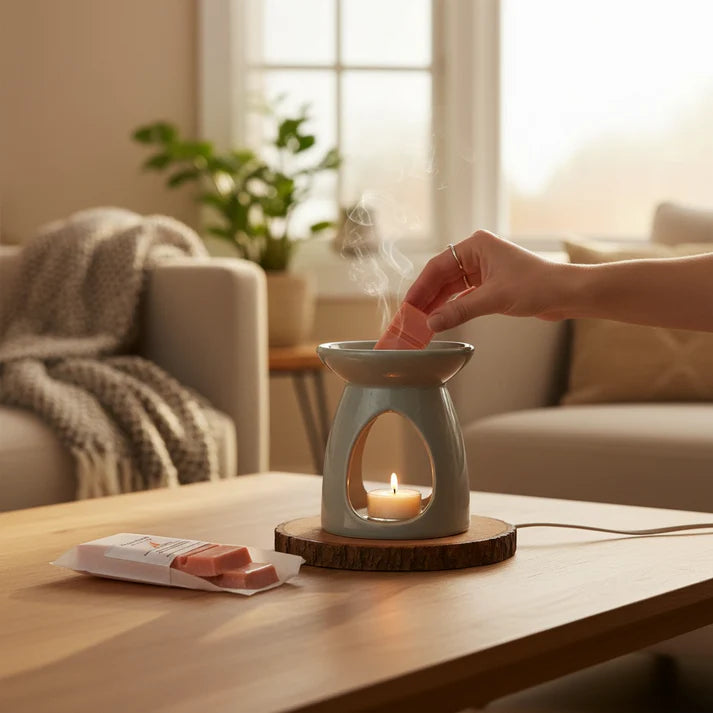 Grey ceramic wax melt burner styled in a calm home setting for aromatherapy candles