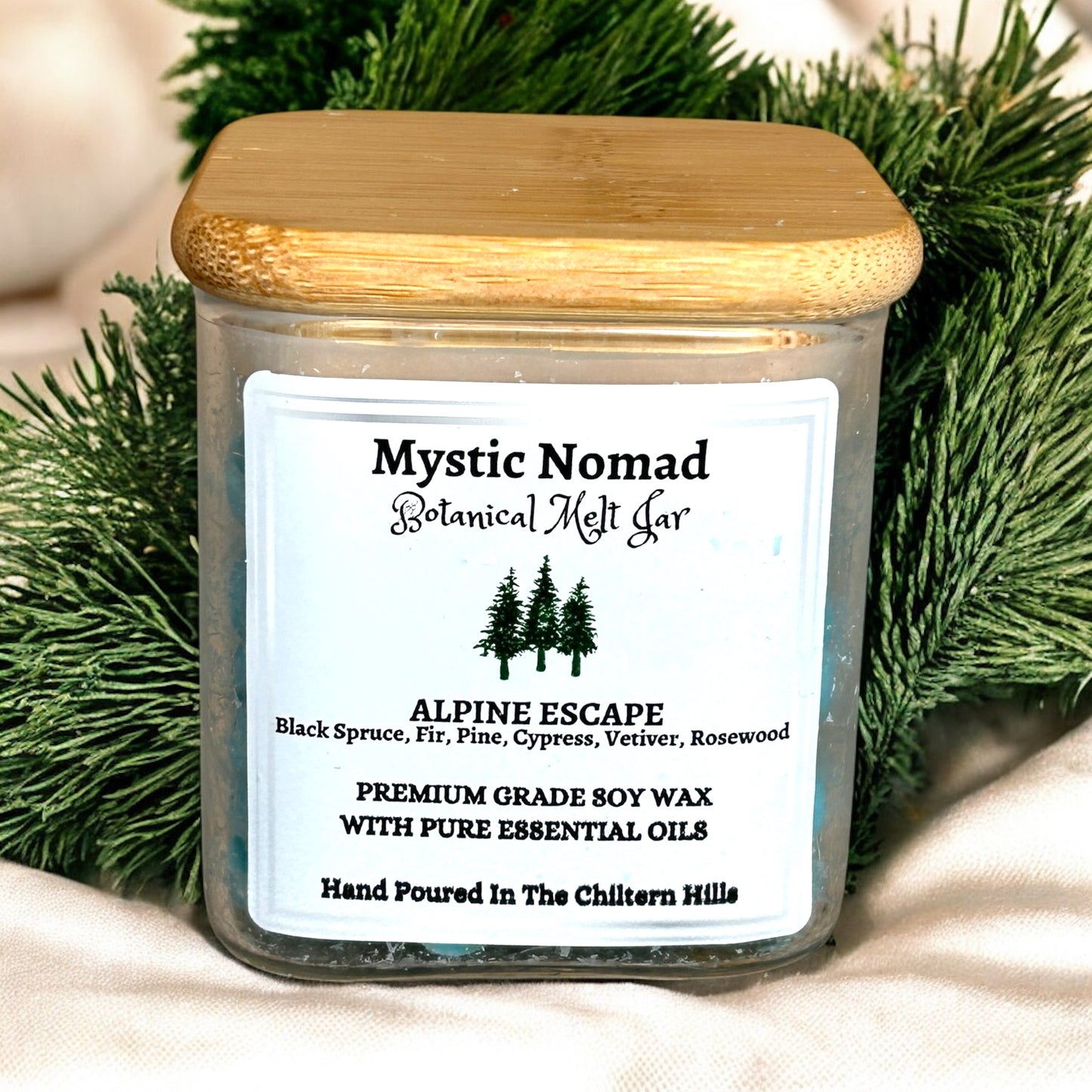 Alpine Escape botanical wax melts jar by Mystic Nomad with grounding forest aromatherapy blend