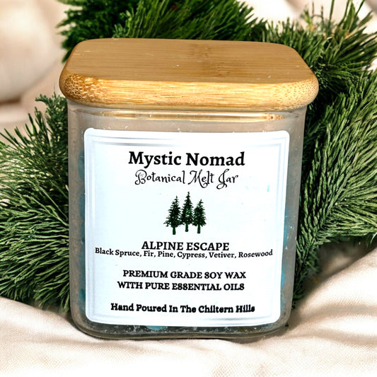 Alpine Escape botanical wax melts jar by Mystic Nomad with grounding forest aromatherapy blend
