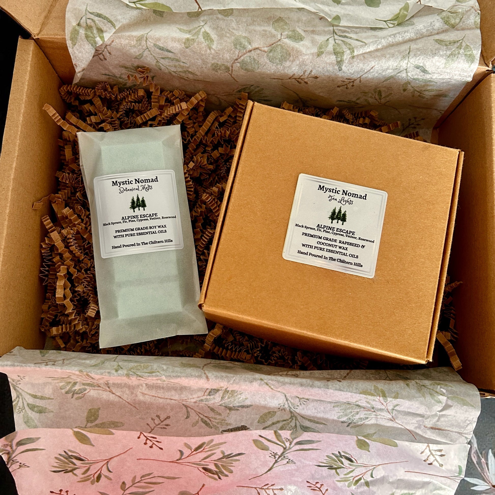 Alpine Escape aromatherapy wax melt snap bar and matching tea lights in eco-friendly gift box by Mystic Nomad