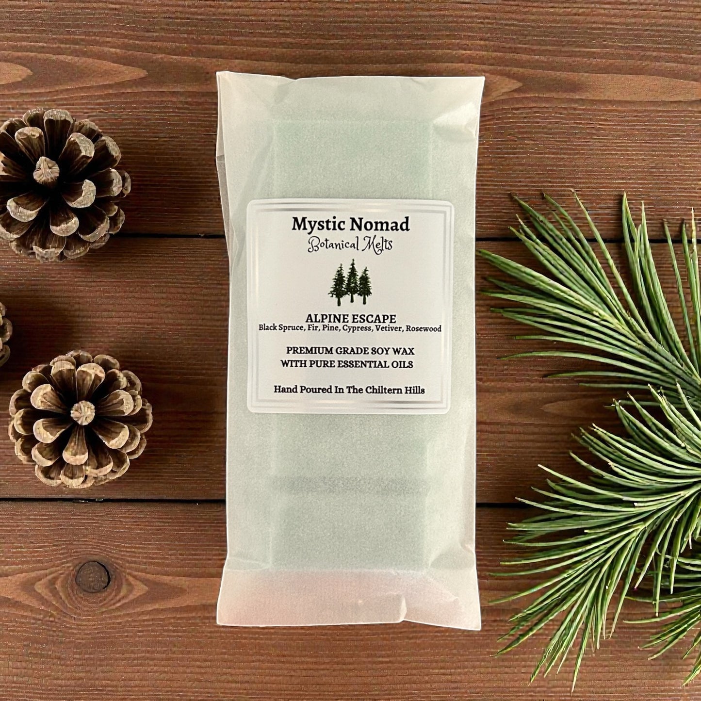 Alpine Escape aromatherapy wax melt snap bar by Mystic Nomad in compostable packaging