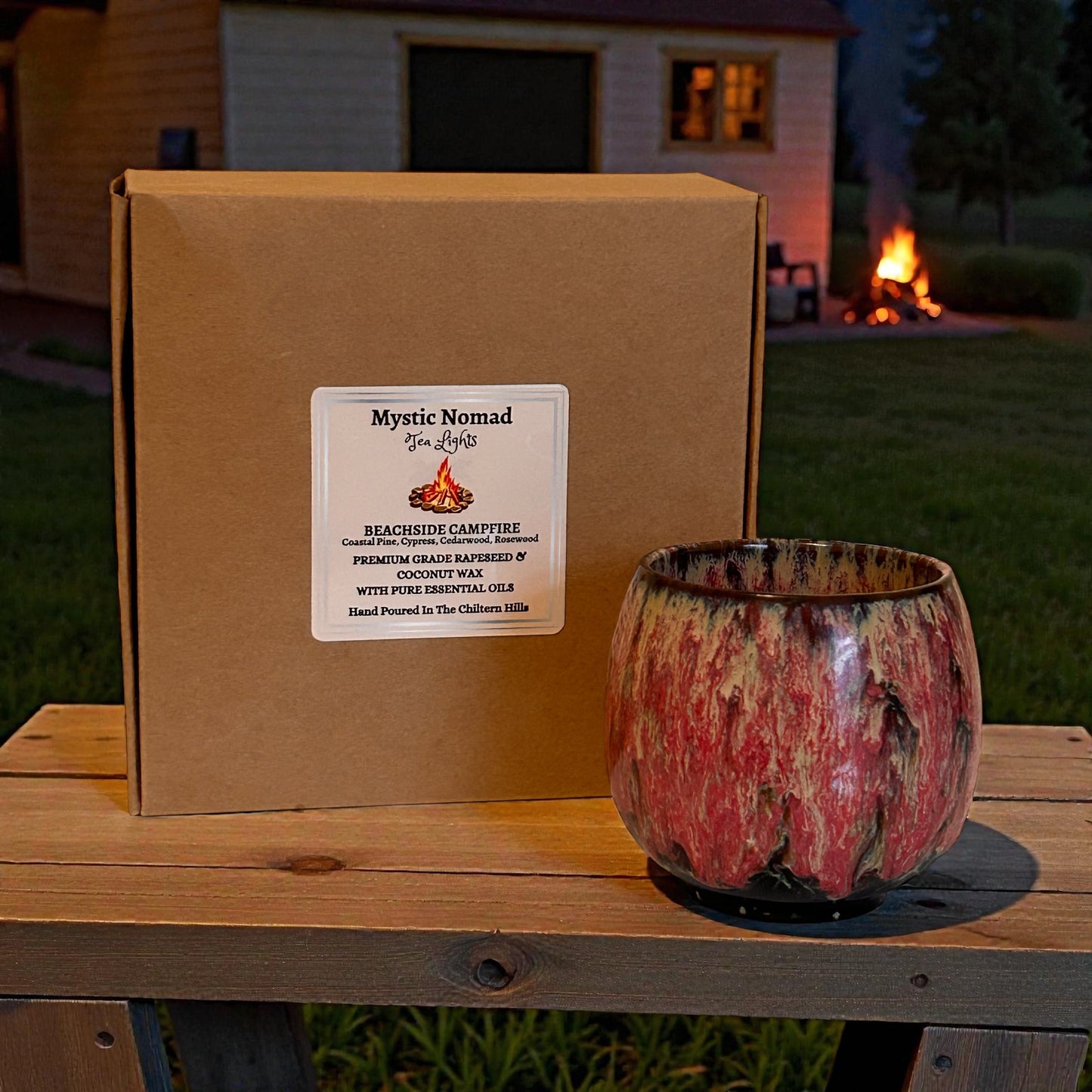 Beachside Campfire aromatherapy tea light lit with ceramic holder, creating a grounding, coastal-inspired ambiance