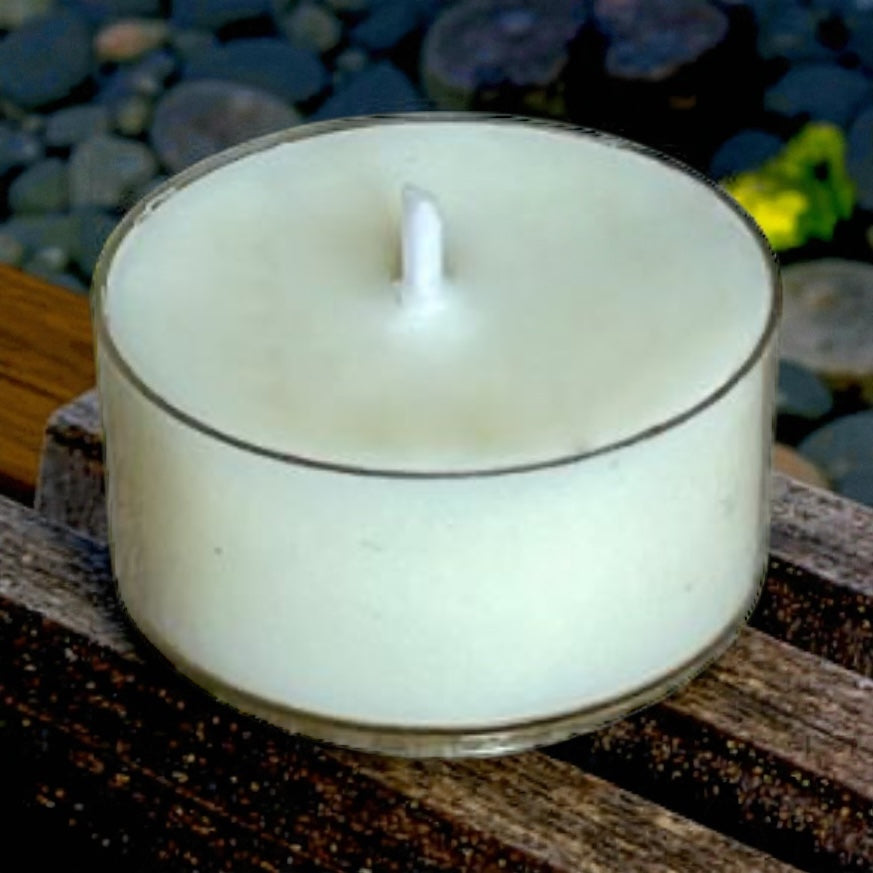 Close-up of a single Beachside Campfire aromatherapy tea light, showcasing natural wax and cotton wick for clean burn