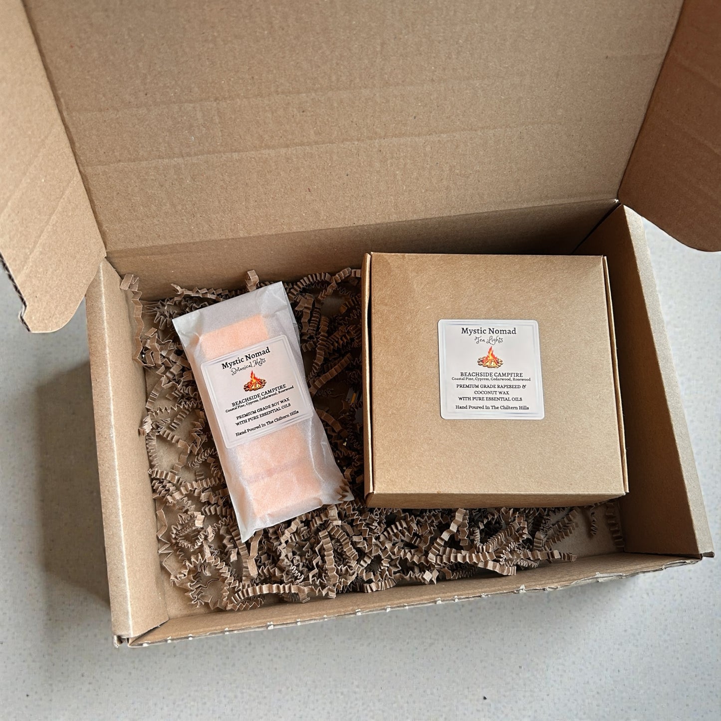 Beachside Campfire tea lights set with matching wax melt, ideal for aromatherapy, relaxation, and mindful home rituals