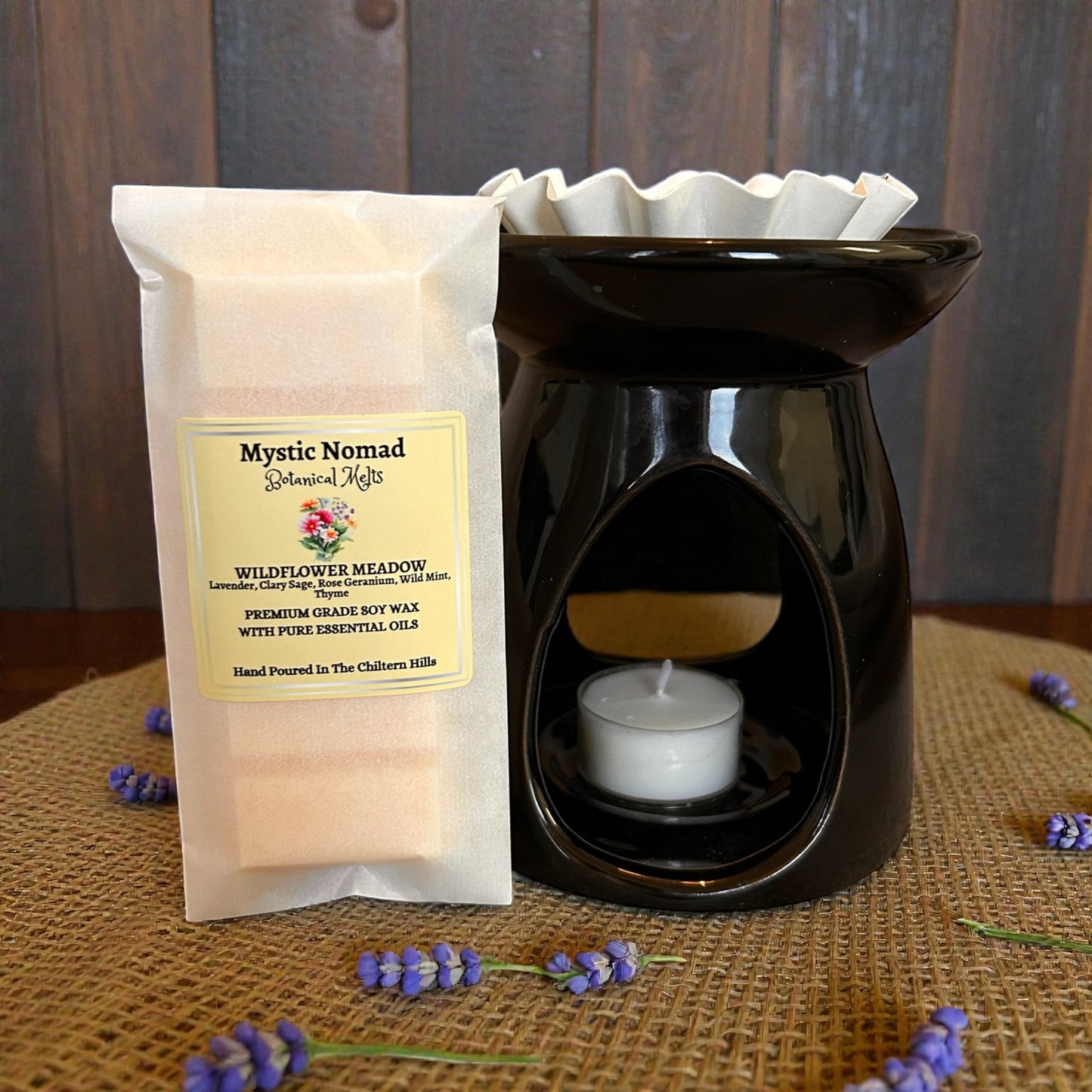 Wax melt burner in use with Mystic Nomad aromatherapy wax melts, infused with essential oils.
