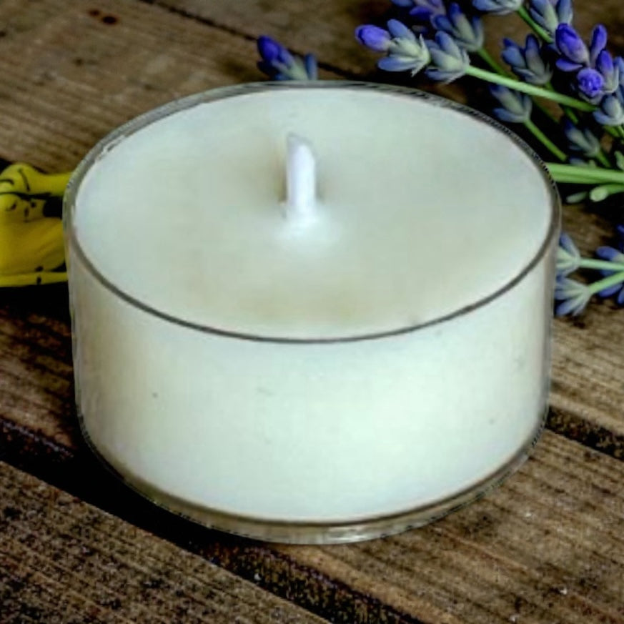 Close-up of Country Garden aromatherapy tea light, hand-poured with Geranium, Lavender, and Ylang Ylang essential oils