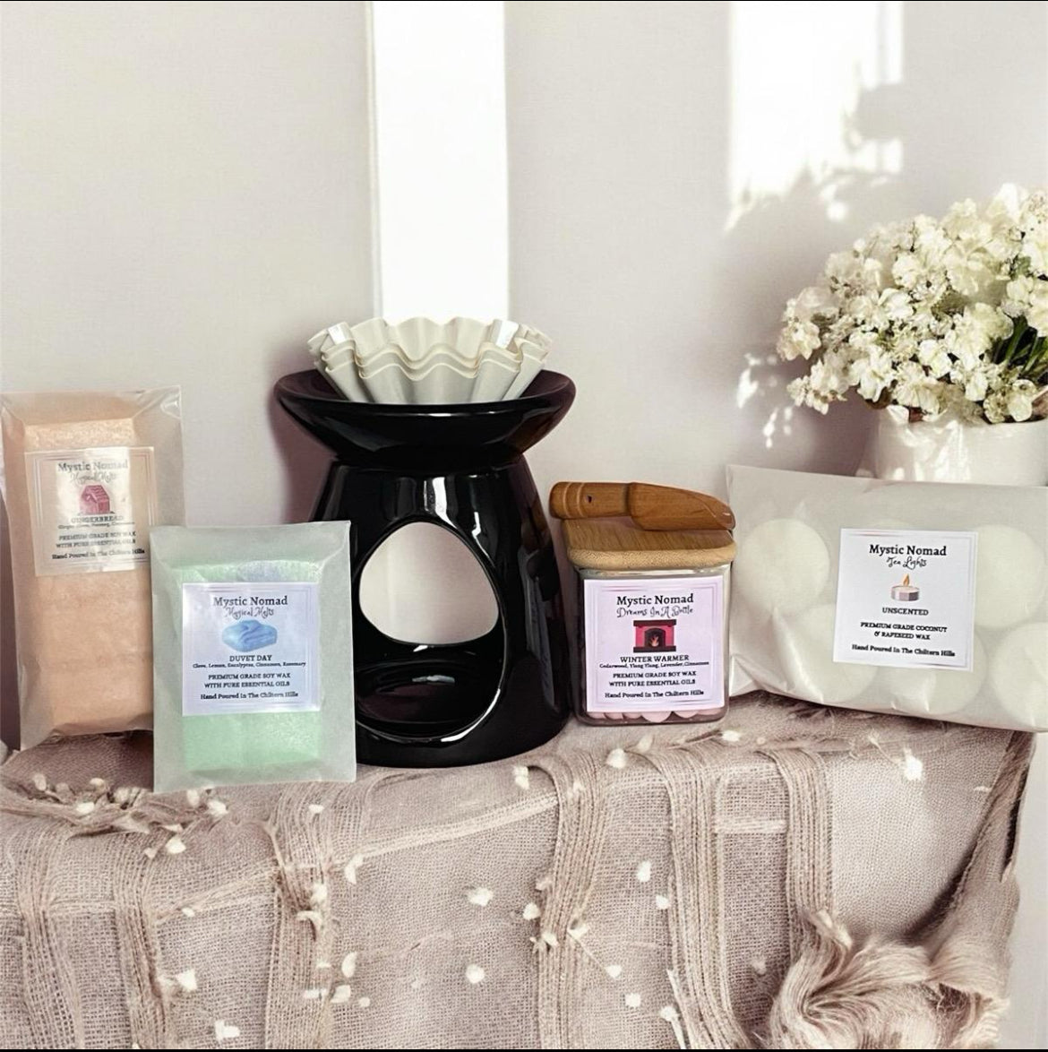 Mystic Nomad Aromatherapy wax melt starter set for autumn with scented candles and essential oils, perfect for cozy seasonal home fragrance.”