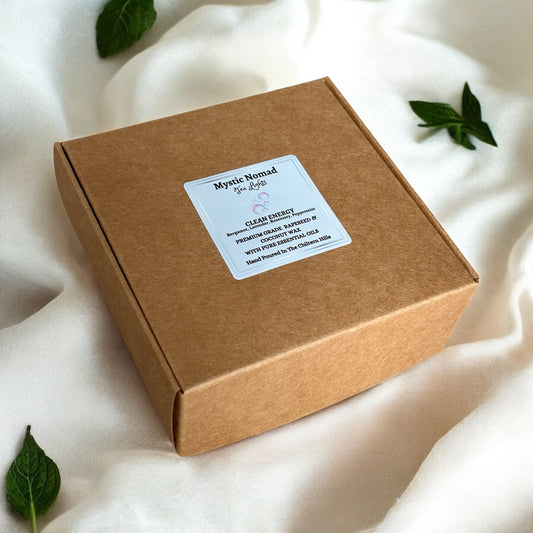 Flat lay of Mystic Nomad Clean Energy aromatherapy tea lights made with essential oils for a fresh, uplifting home ritual