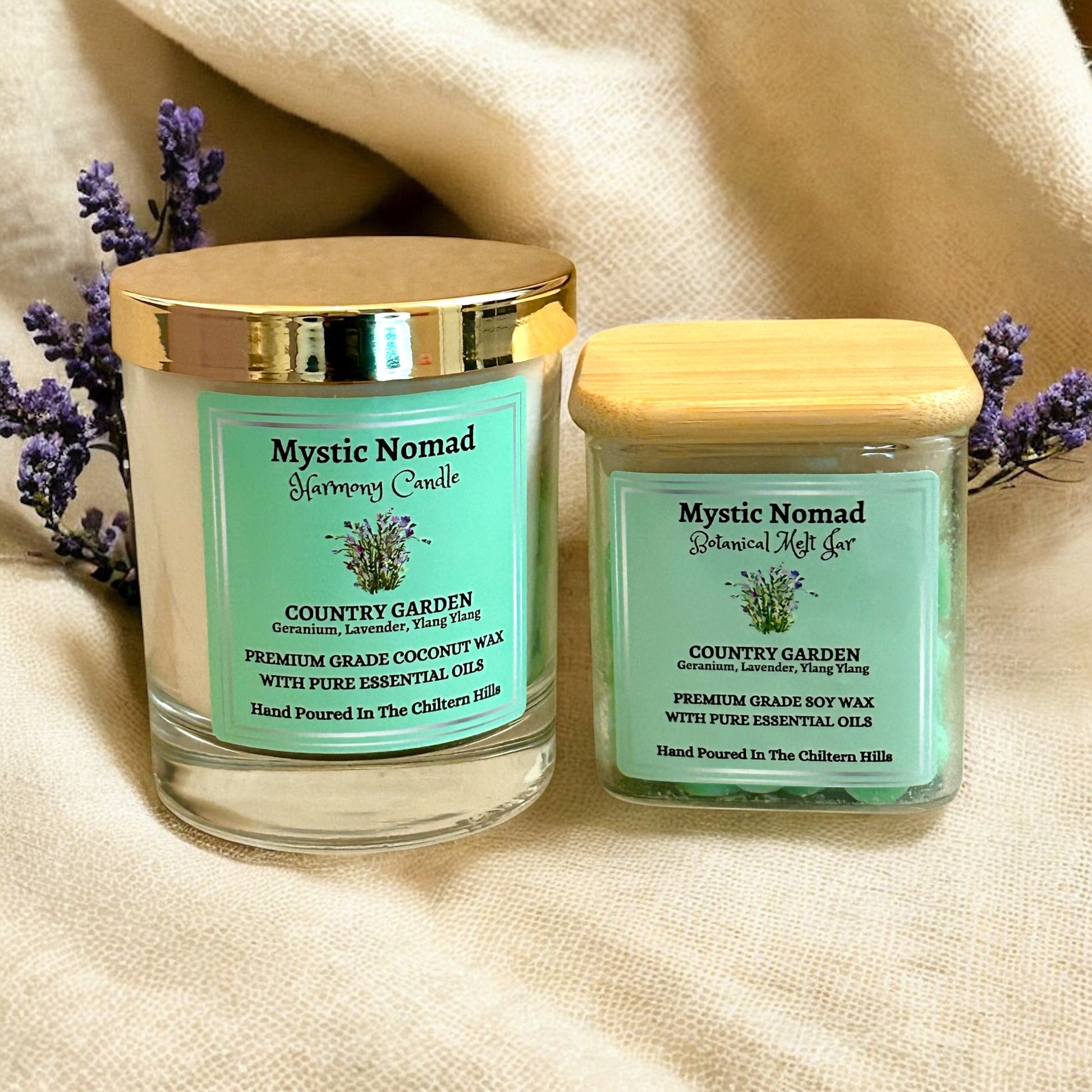 Mystic Nomad Country Garden aromatherapy candle with wax melt jar, both hand-poured floral blends of Geranium, Lavender, and Ylang Ylang