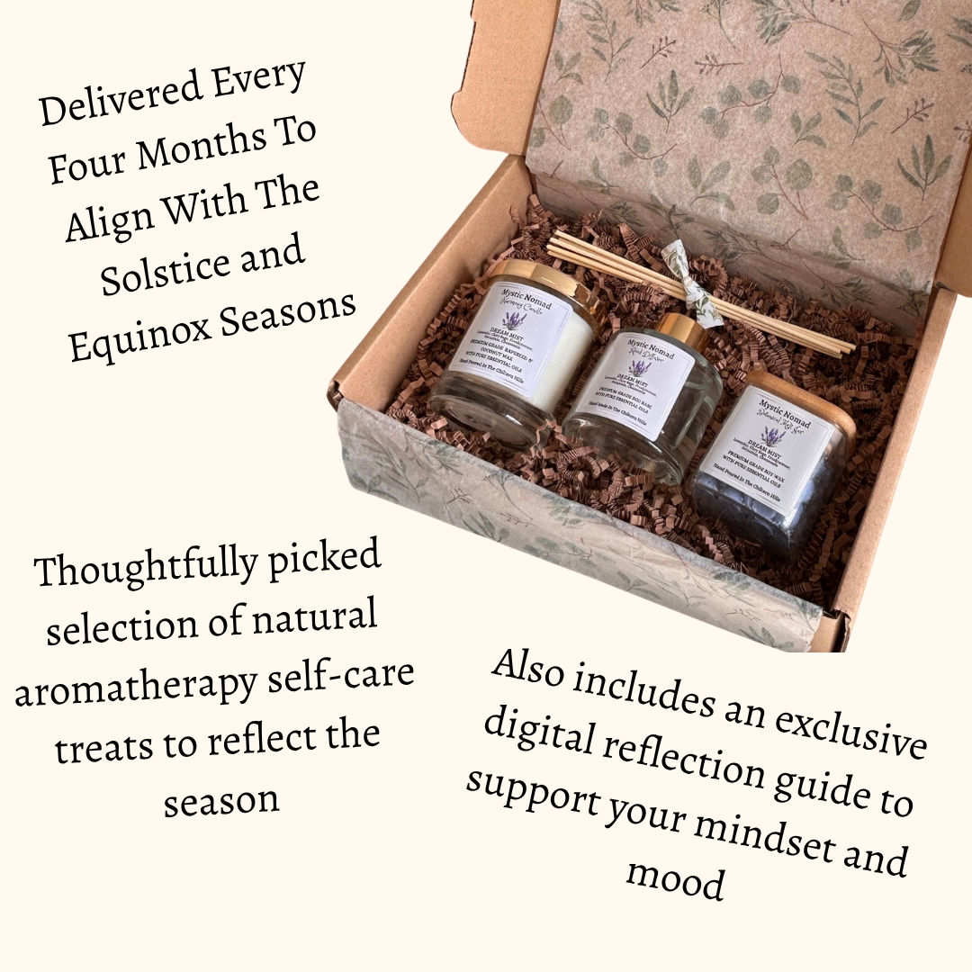 Mystic Nomad Seasonal Self-Care Subscription Box featuring hand-poured aromatherapy candles, eco-friendly soy wax candles, and relaxation products for mindfulness and stress relief