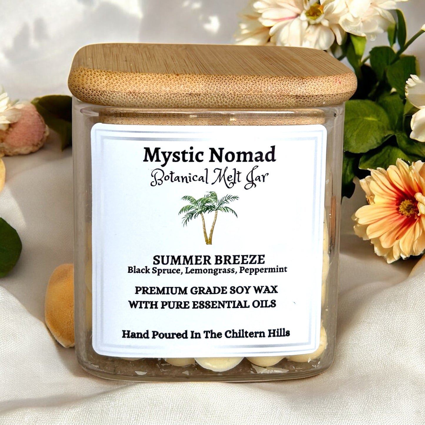 Summer Breeze aromatherapy wax melts in eco-luxe glass jar with gold lid by Mystic Nomad