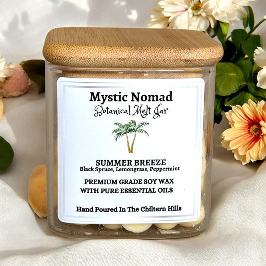 Summer Breeze aromatherapy wax melts in eco-luxe glass jar with gold lid by Mystic Nomad
