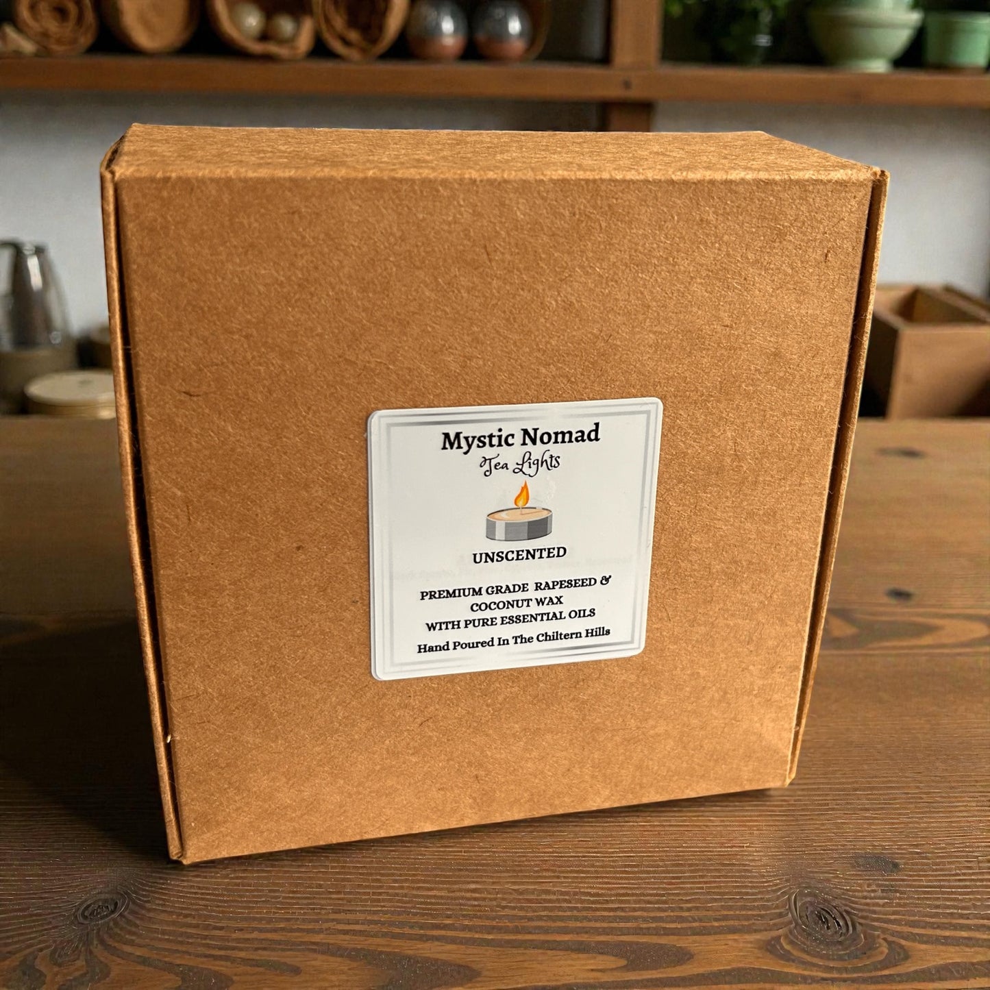 Eco kraft box of Mystic Nomad Aromatherapy unscented tea lights standing upright for display.
