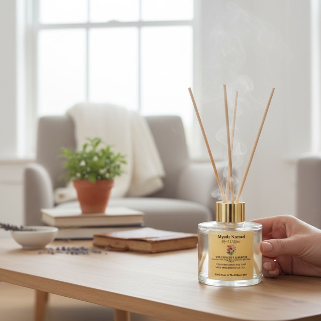Lifestyle image of Mystic Nomad Wildflower Meadow reed diffuser in a calm home setting from our aromatherapy candles and diffusers collection