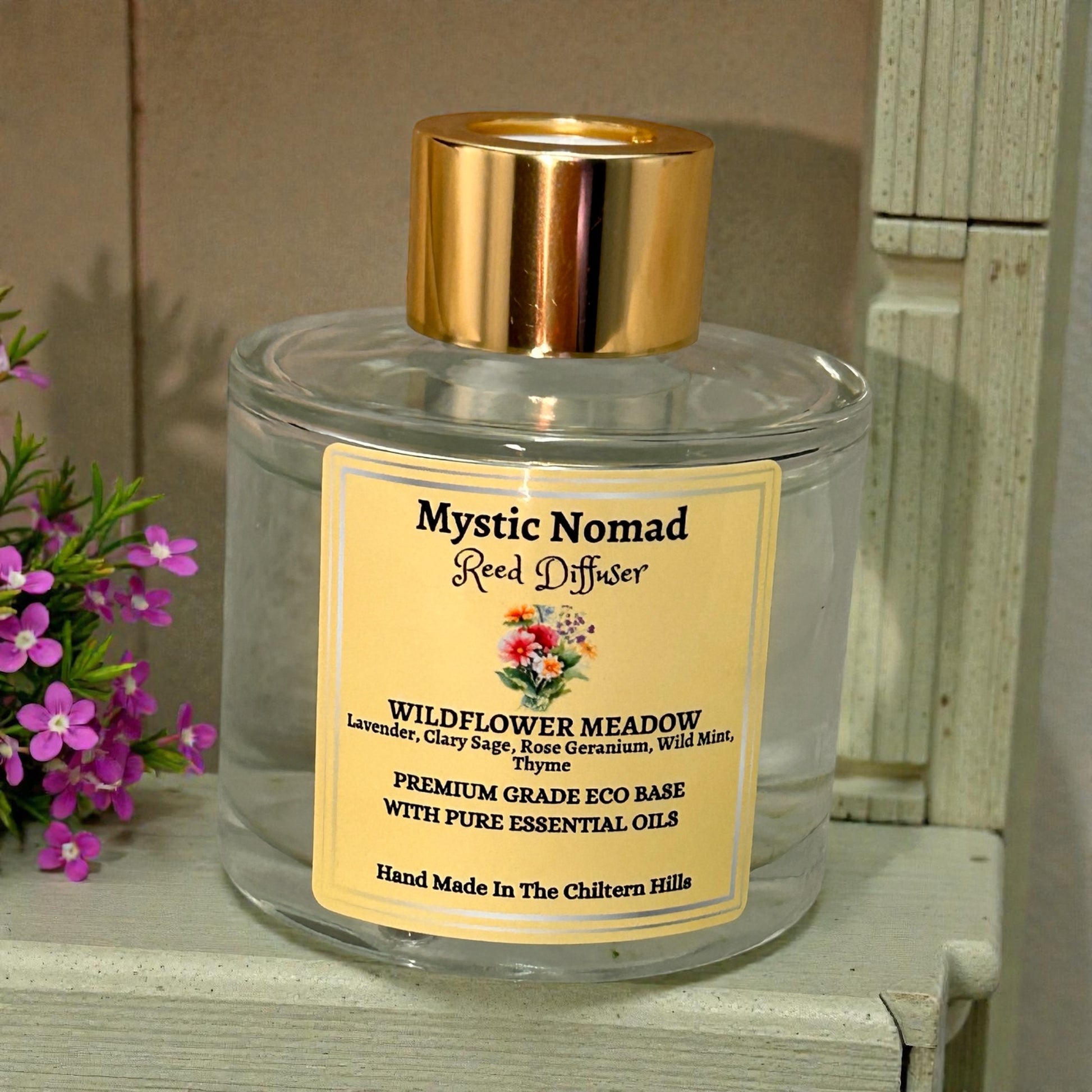 Elevated view of Mystic Nomad Wildflower Meadow reed diffuser, part of our aromatherapy candles and diffusers range