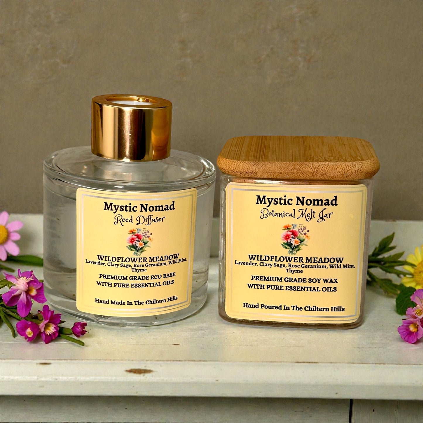 Mystic Nomad Wildflower Meadow reed diffuser with botanical wax melts jar from our aromatherapy candles and diffusers range