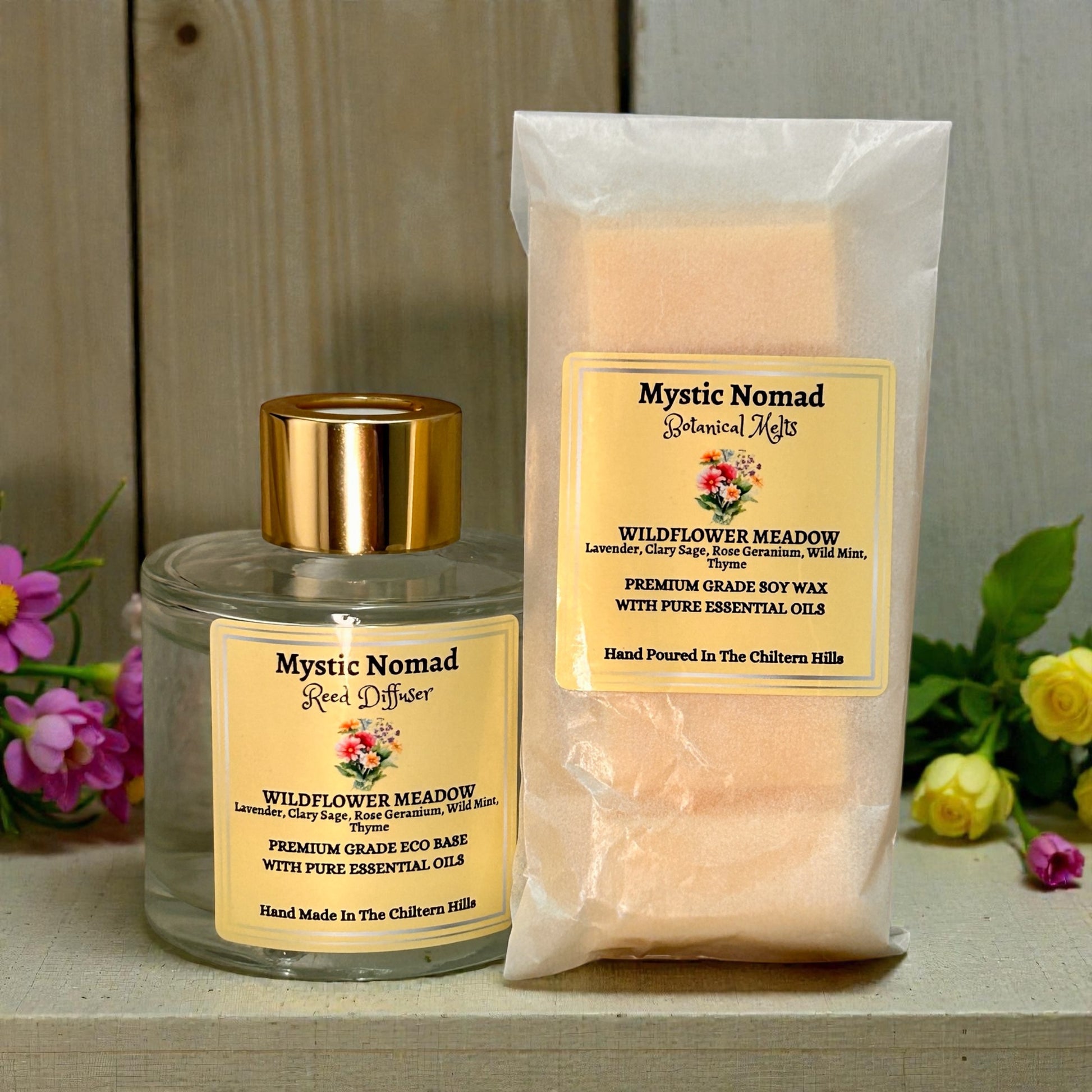 Mystic Nomad Wildflower Meadow reed diffuser with matching wax melt from our aromatherapy candles and diffusers collection