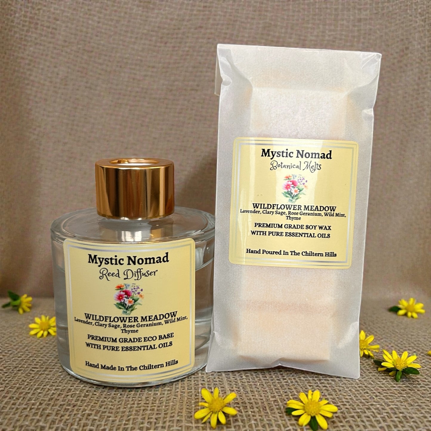 Wildflower Meadow aromatherapy wax melt snap bar paired with matching reed diffuser. Hand-poured, natural, eco-friendly relaxation candle alternative.