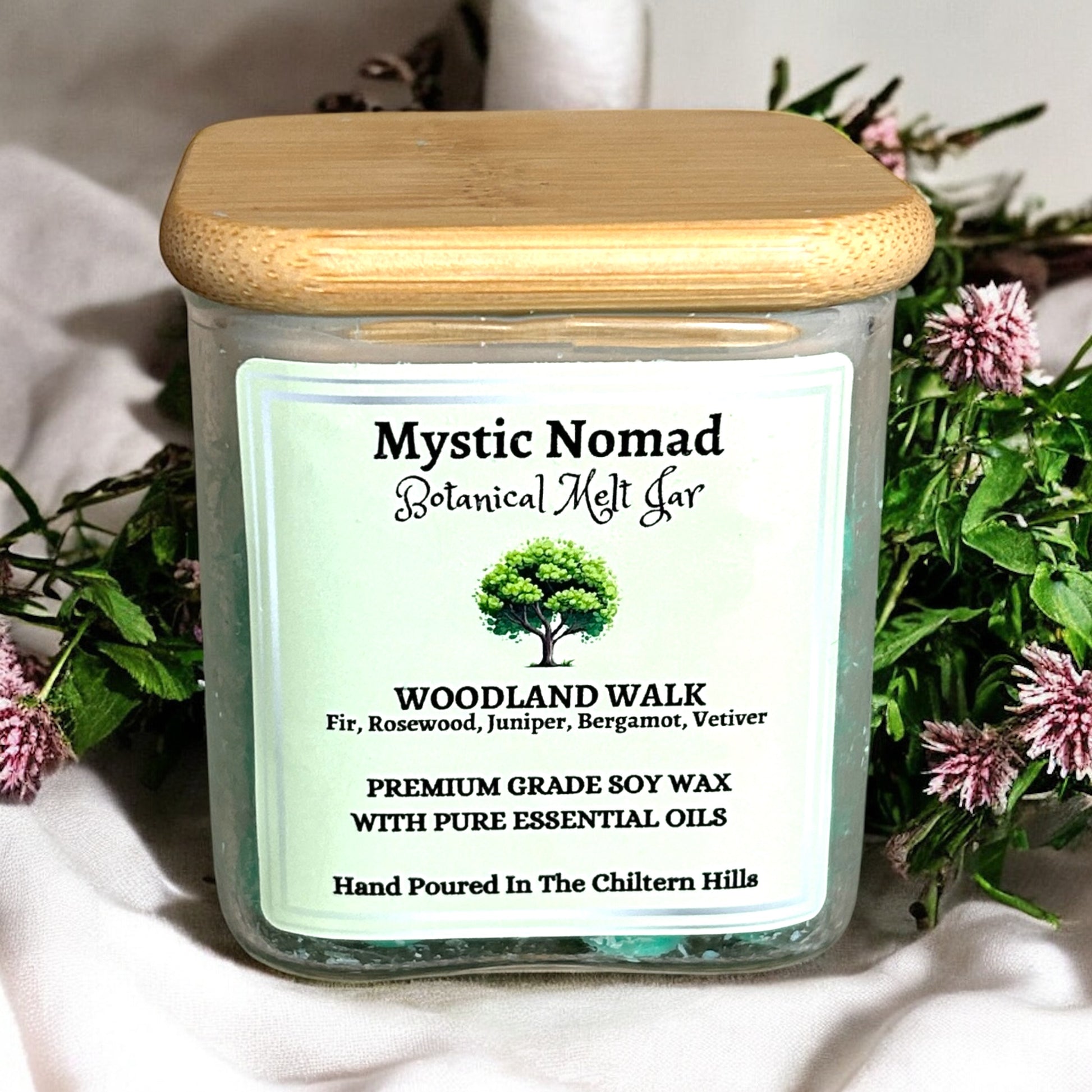 Woodland Walk botanical wax melts jar by Mystic Nomad – forest aromatherapy blend in reusable glass jar.