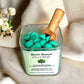 Open Woodland Walk botanical wax melts jar showing natural soy melts infused with fir, juniper, and vetiver.