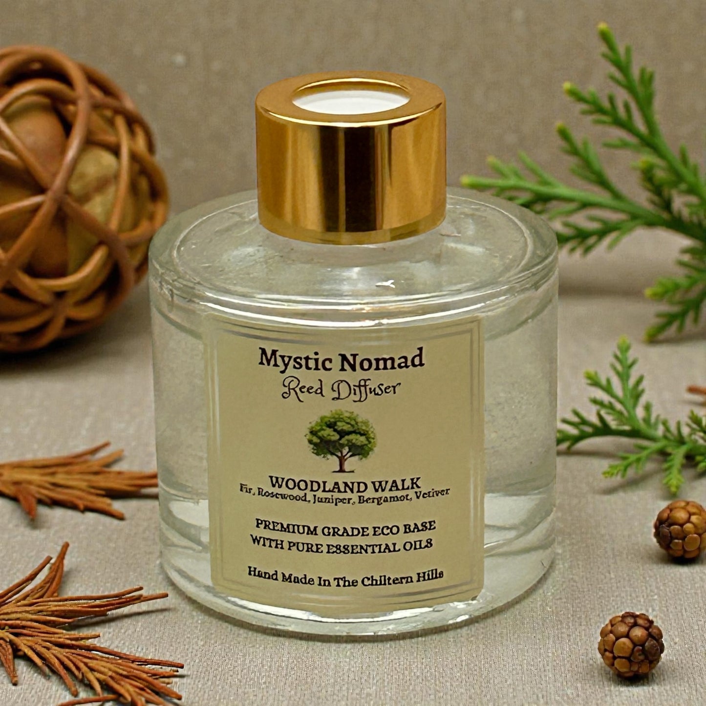 Woodland Walk aromatherapy reed diffuser in luxury Italian glass jar with gold cap