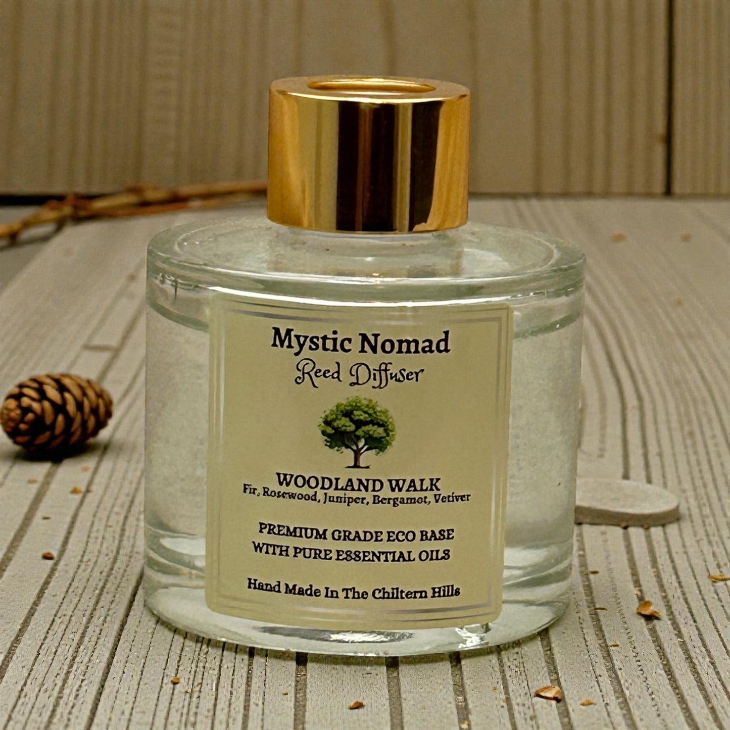 Elevated view of Woodland Walk reed diffuser showing natural reeds and elegant jar design