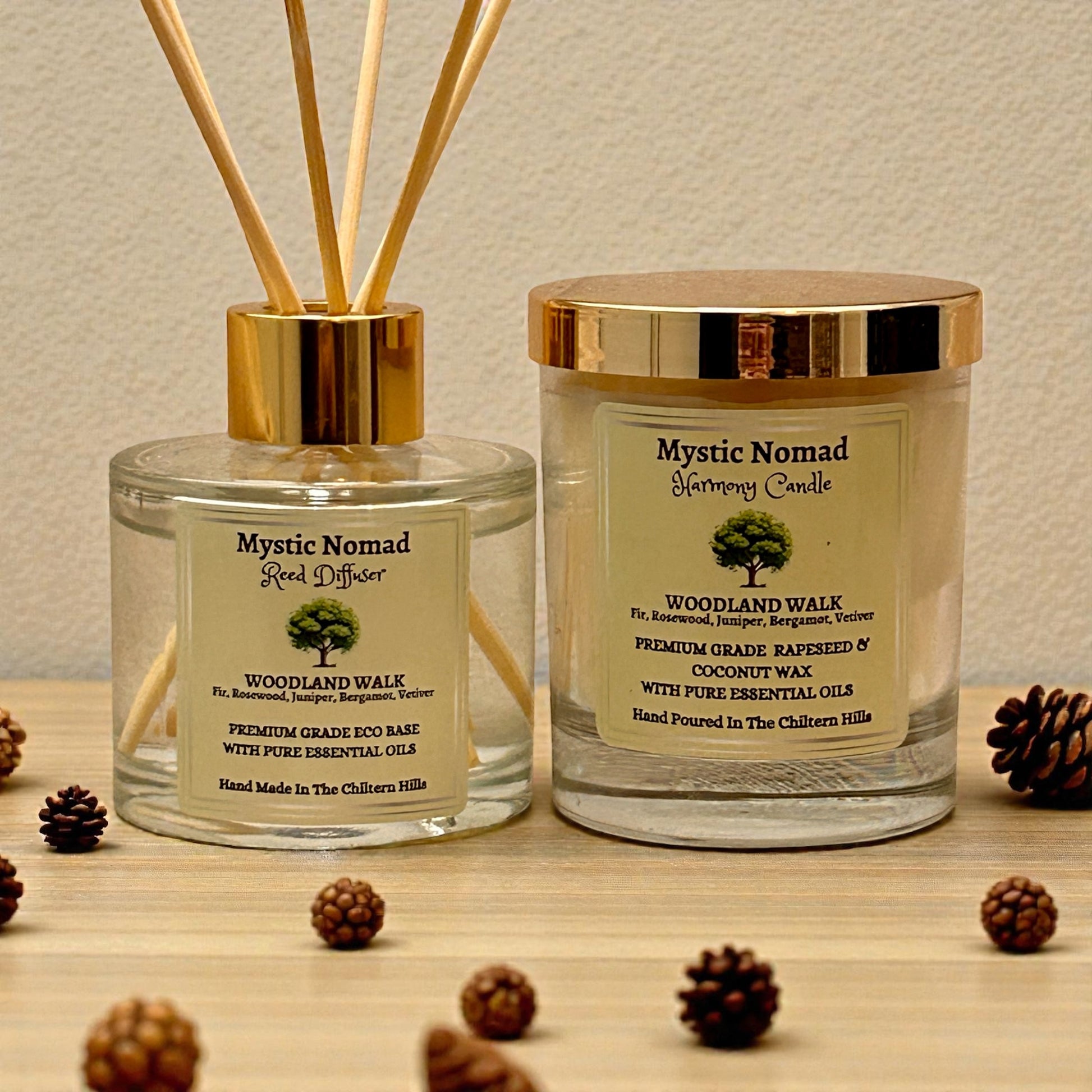 Woodland Walk reed diffuser paired with matching Woodland Walk aromatherapy candle