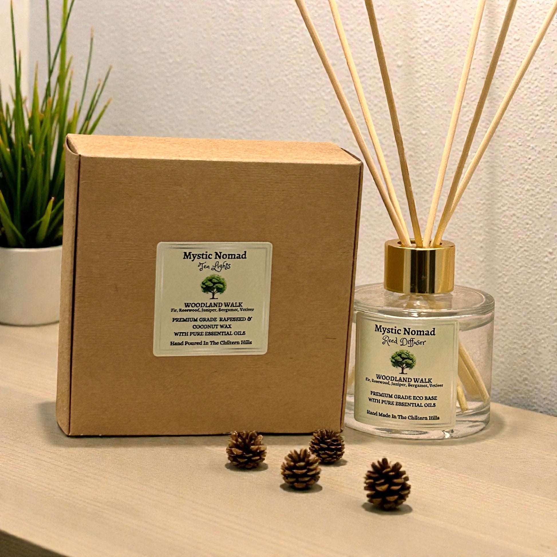 Woodland Walk diffuser surrounded by tealights, creating a warm, soothing atmosphere