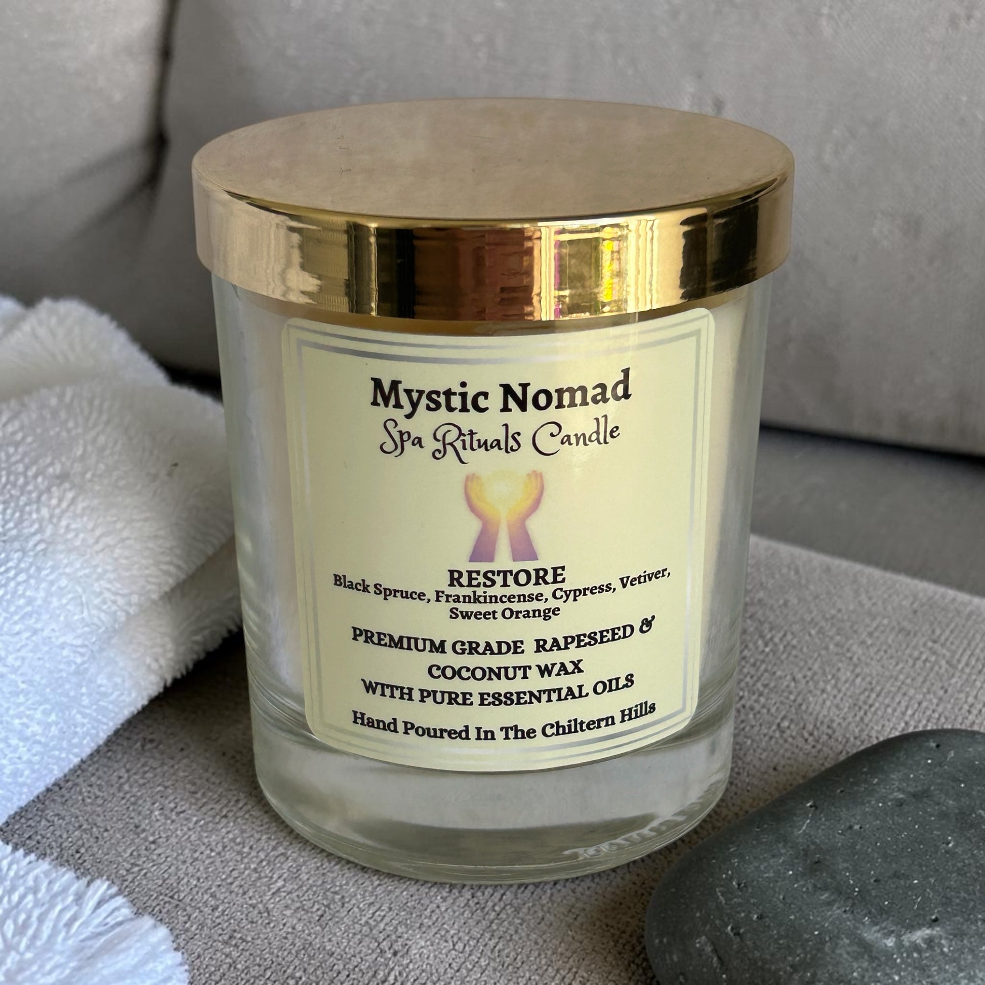 mystic nomad aromatherapy candle for restore to support energy front view