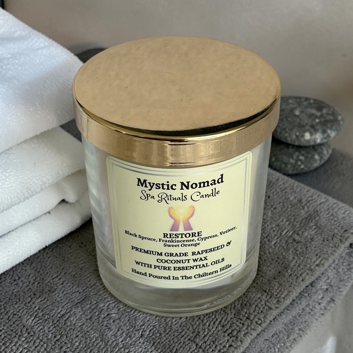 mystic nomad aromatherapy candle for restore to support energy top view