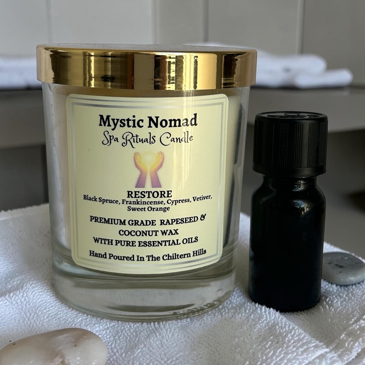 mystic nomad aromatherapy candle for restore to support energy with essential oils